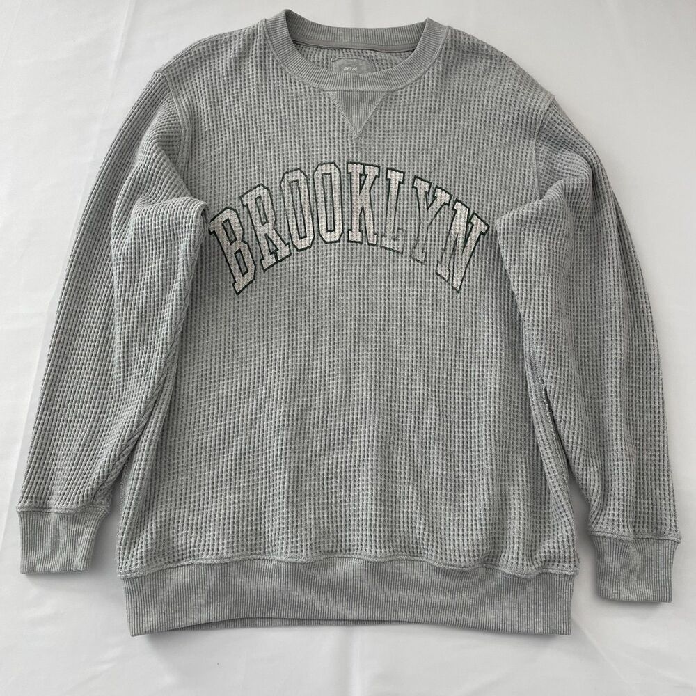 Aerie Brooklyn Thermal Womens Small Gray Waffle Knit Crewneck Pullover